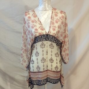 Vince Camuto Cream and Pink Wrap Blouse with Flutter Sleeves
